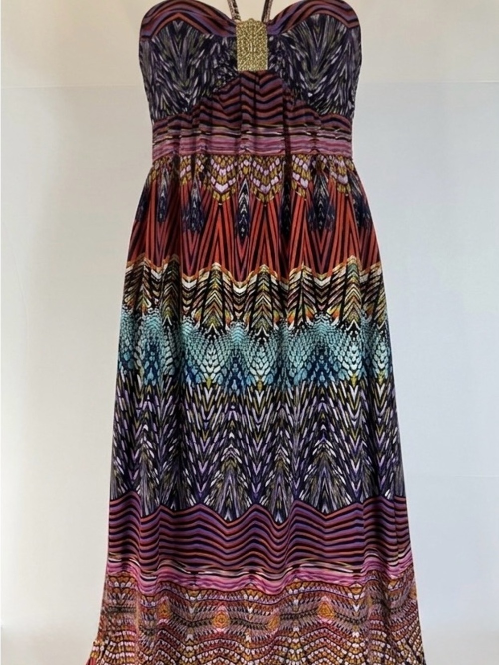 Mm mm mm Boho Chevron Tribal Print Halter Maxi Dress Beaded Accent Size M